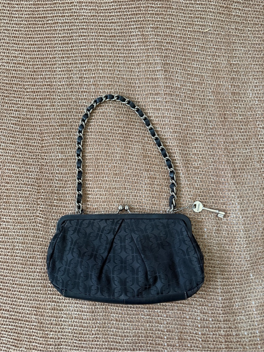 Fossil Black 2YK Monogram Chain-Handle Wristlet Clutch